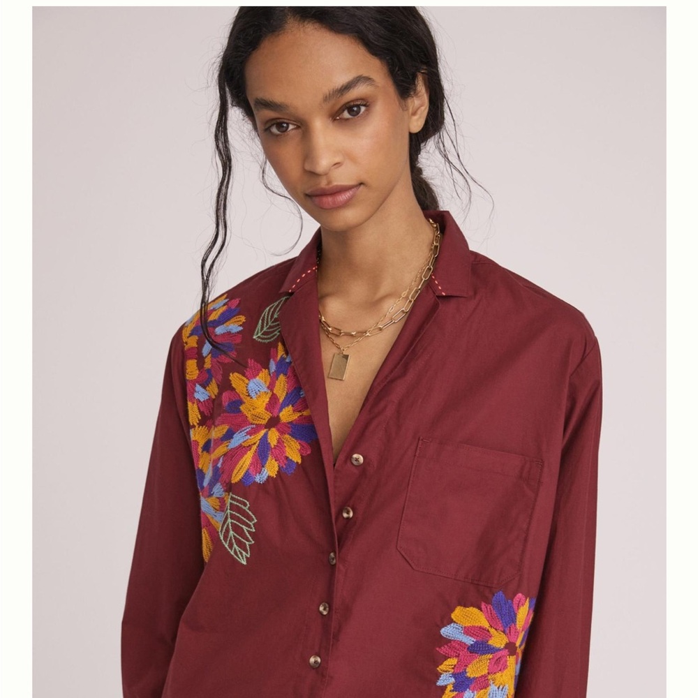 Anthropologie Maeve Embroidered Buttondown Burgundy Boho Blouse SZ 6